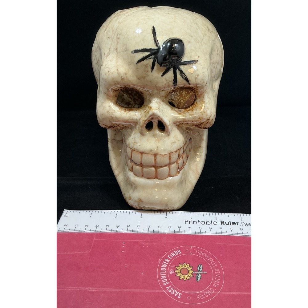 Ceramic Skull Candle Holder Halloween Decor Spider Bat Cutouts Mottled Glaze - Picture 10 of 10